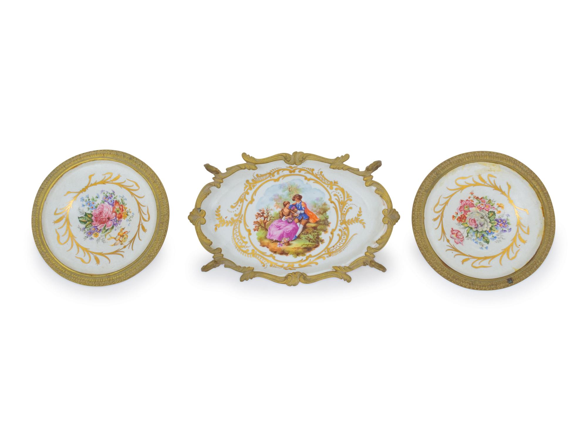 An Assembled Sevres Style Gilt Metal Mounted Porcelain Three-Piece Garniture