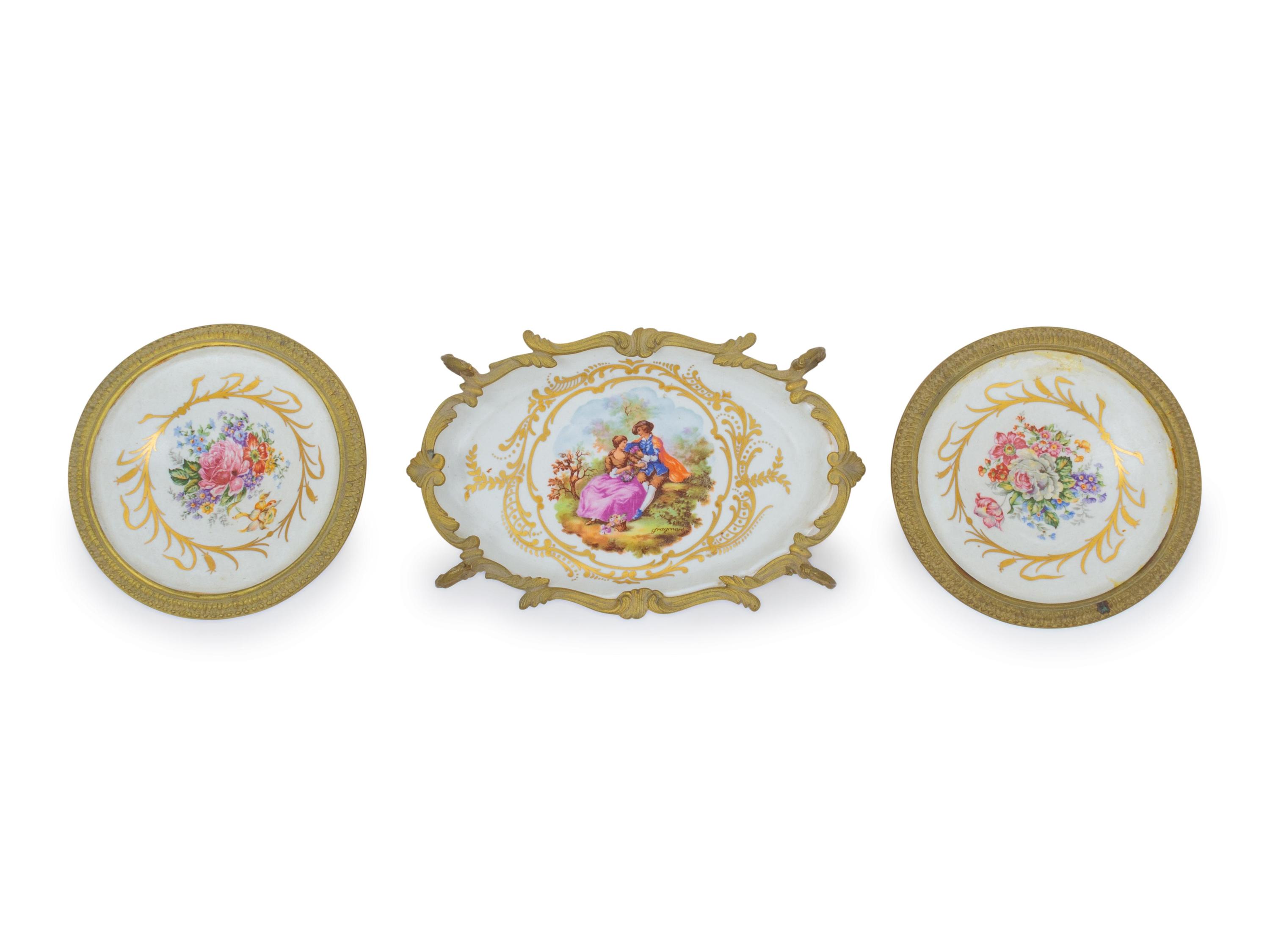 An Assembled Sevres Style Gilt Metal Mounted Porcelain Three-Piece Garniture