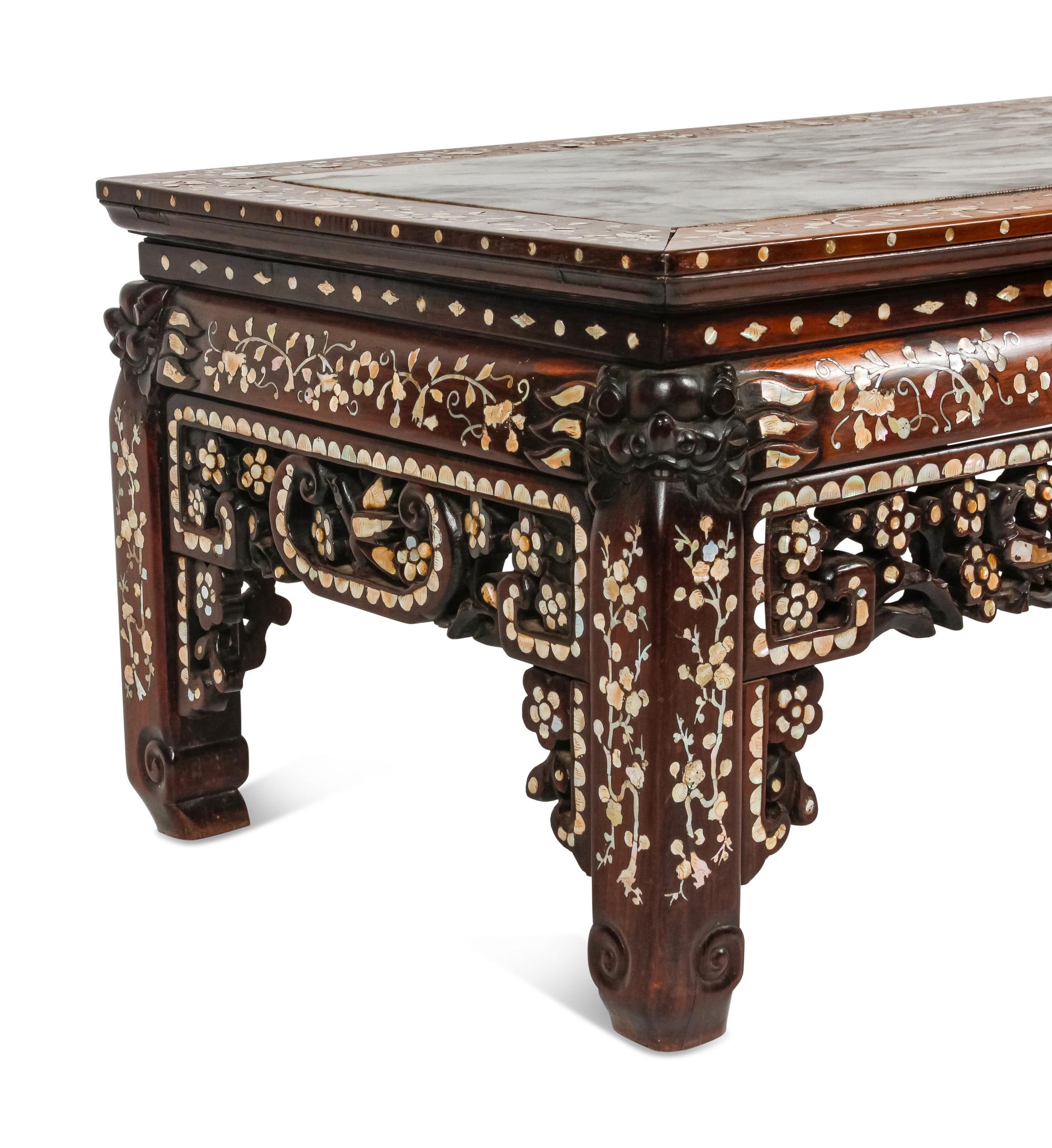 A Chinese Mother-of-Pearl Inlaid Rosewood Settee and a Low Table