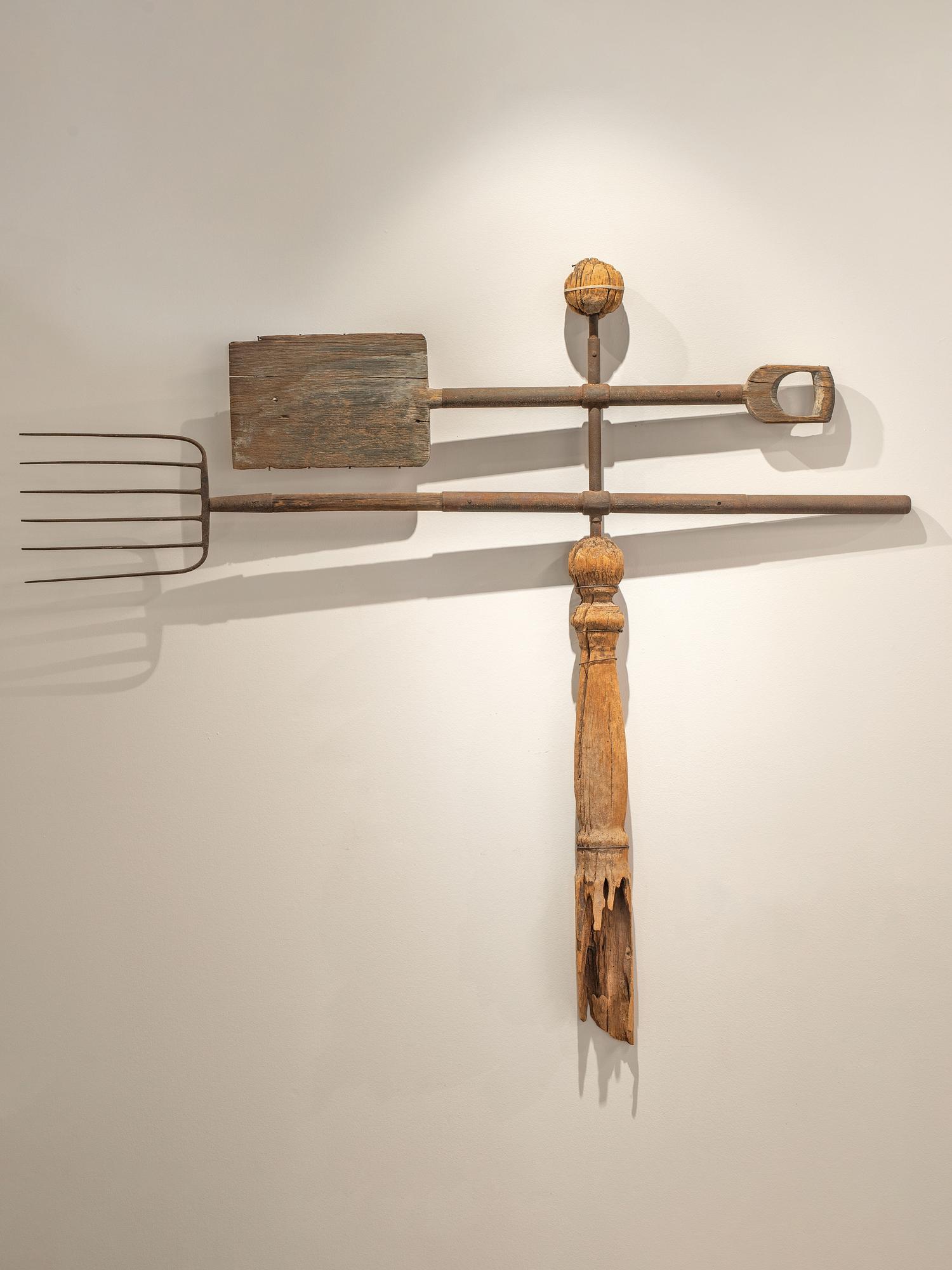 A Rare, Vernacular Carved Pine and Wrought Iron Apple Shovel and Pitchfork Weathervane