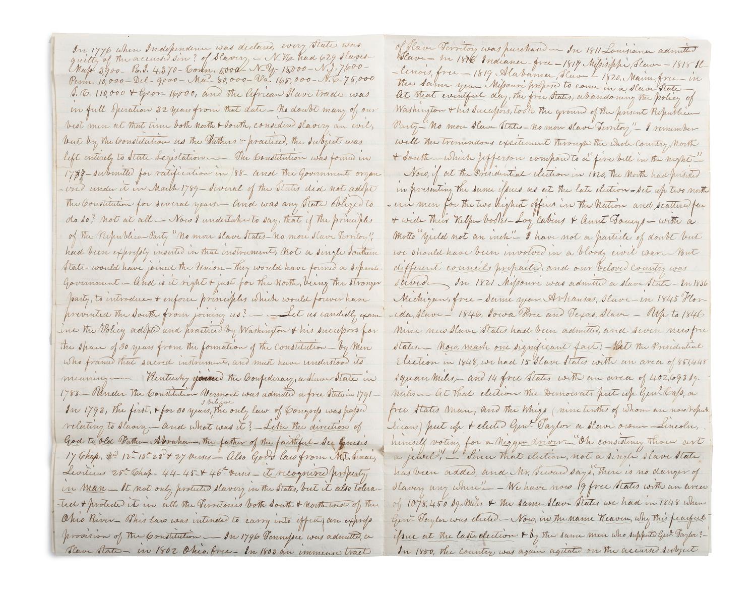 [SLAVERY & ABOLITION] -- [CIVIL WAR]. 10-page letter with extensive pro-Union and pro-slavery sentiments. Unity, [NH?], 30 May 1862.