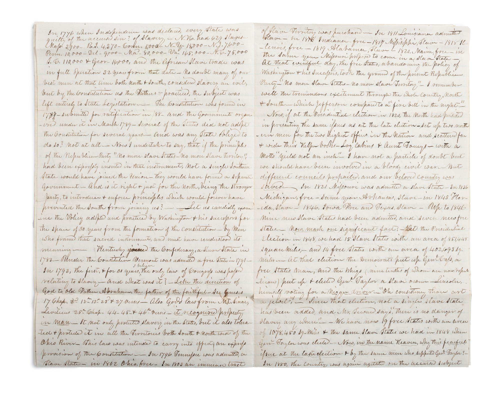 [SLAVERY & ABOLITION] -- [CIVIL WAR]. 10-page letter with extensive pro-Union and pro-slavery sentiments. Unity, [NH?], 30 May 1862.