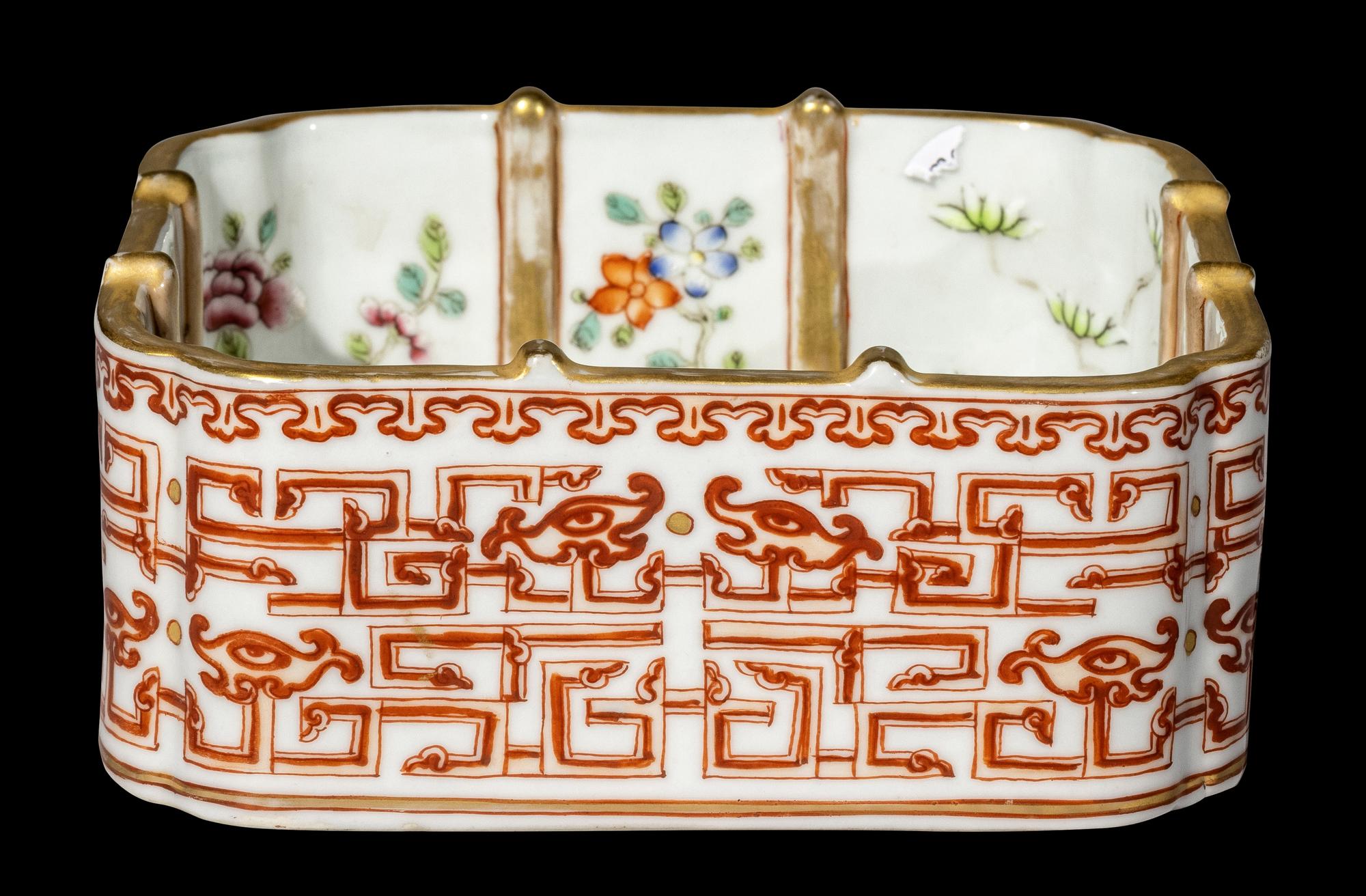A Chinese Gilt, Famille Rose and Iron-Red Decorated Porcelain Square Brush Washer