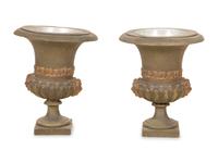 A Pair of Campana Form Painted and Parcel Gilt Ceramic Urns