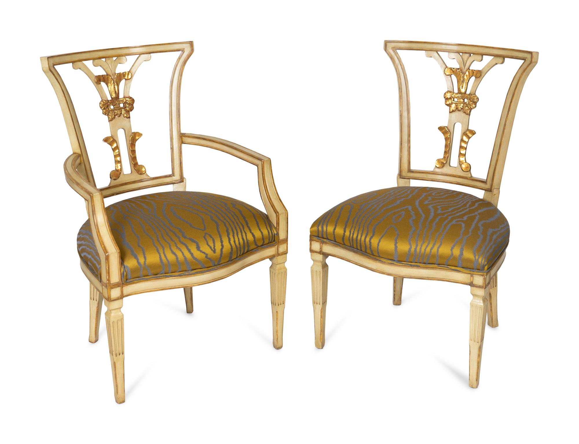 A Set of Ten Neoclassical Style Parcel-Gilt and Painted Dining Chairs — 20TH CENTURY