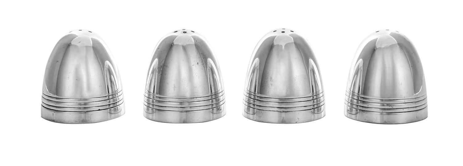 A Set of Four French Silver-Plate Casters, Christofle, Paris, 20th Century, each of domed form with a ribbed lower band.
