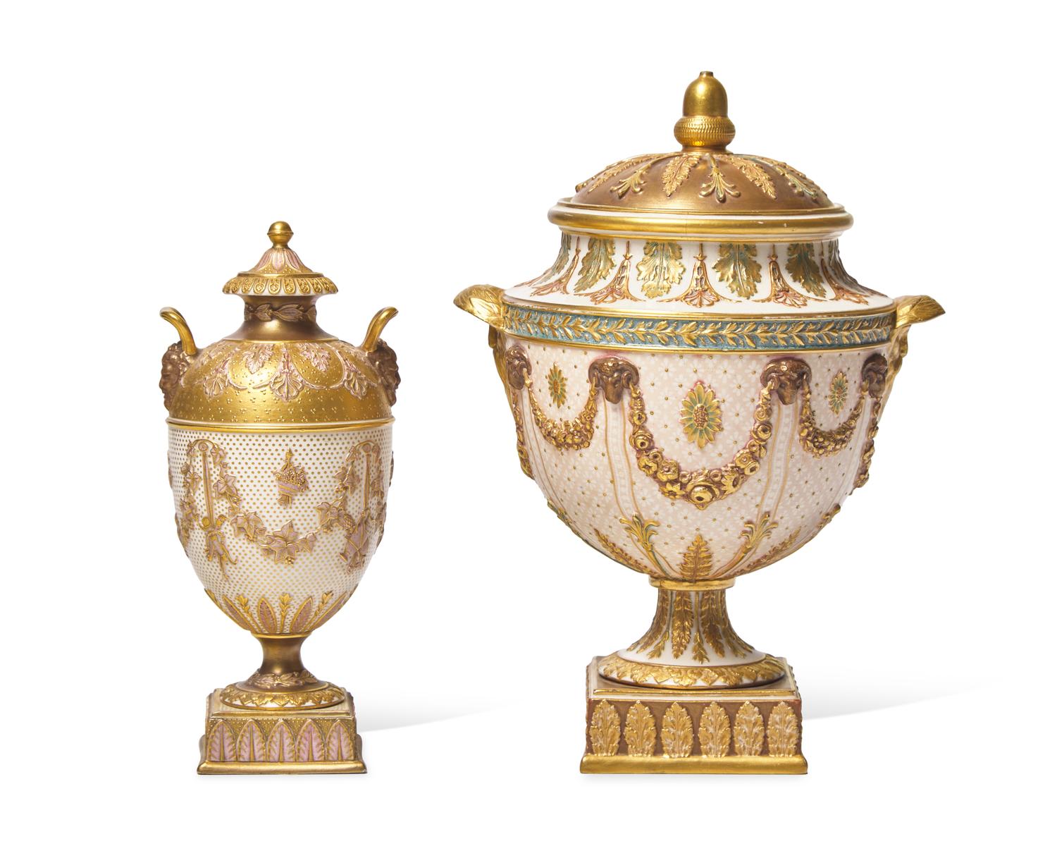 Two Wedgwood Queensware Parcel-Gilt and Bronzed Covered Vases