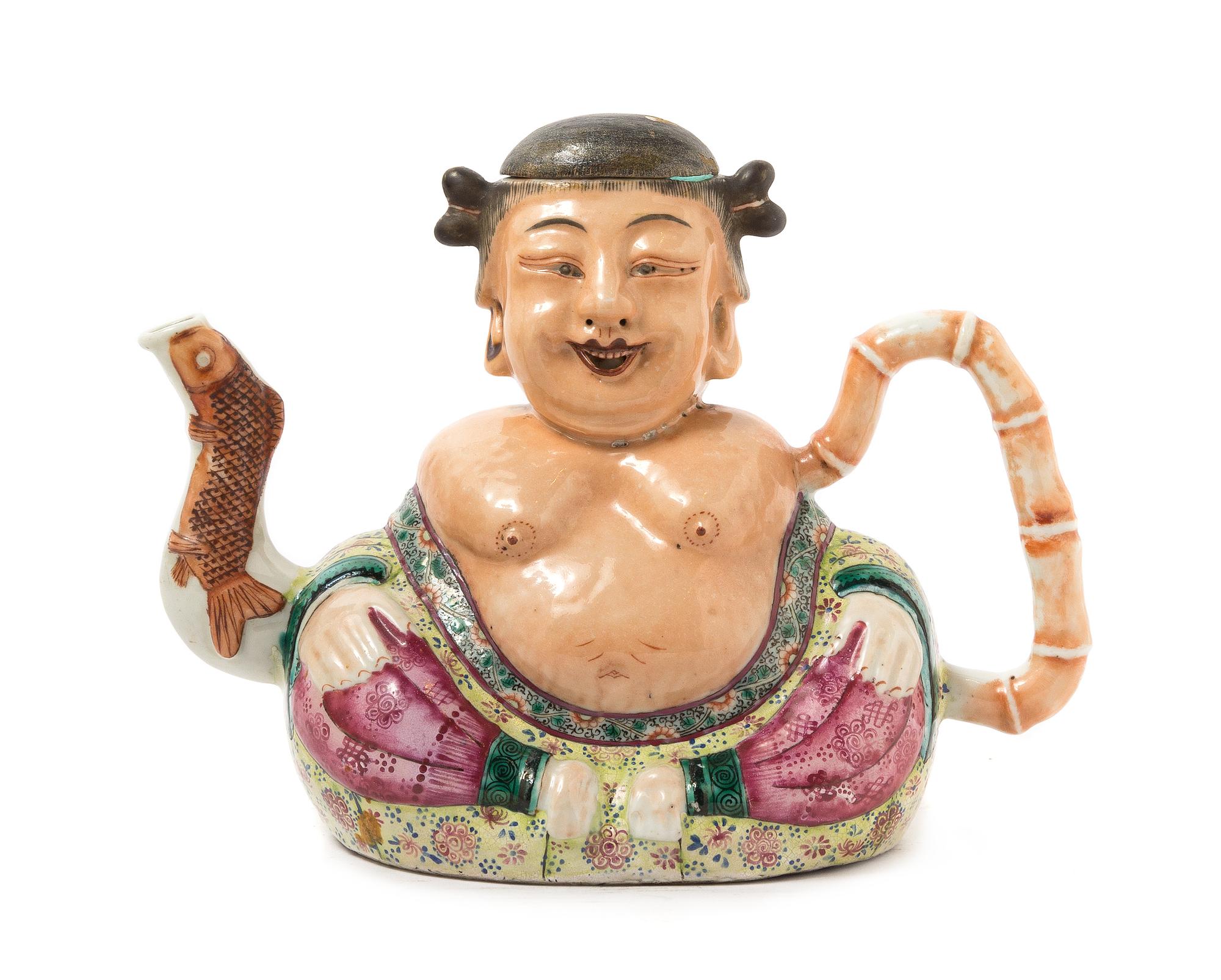 An Unusual Chinese Export Famille Rose Porcelain Happy Buddha Teapot LATE 18TH/EARLY 19TH CENTURY, POSSIBLY QIANLONG PERIOD — LATE 18TH/EARLY 19TH CENTURY, POSSIBLY QIANLONG PERIOD