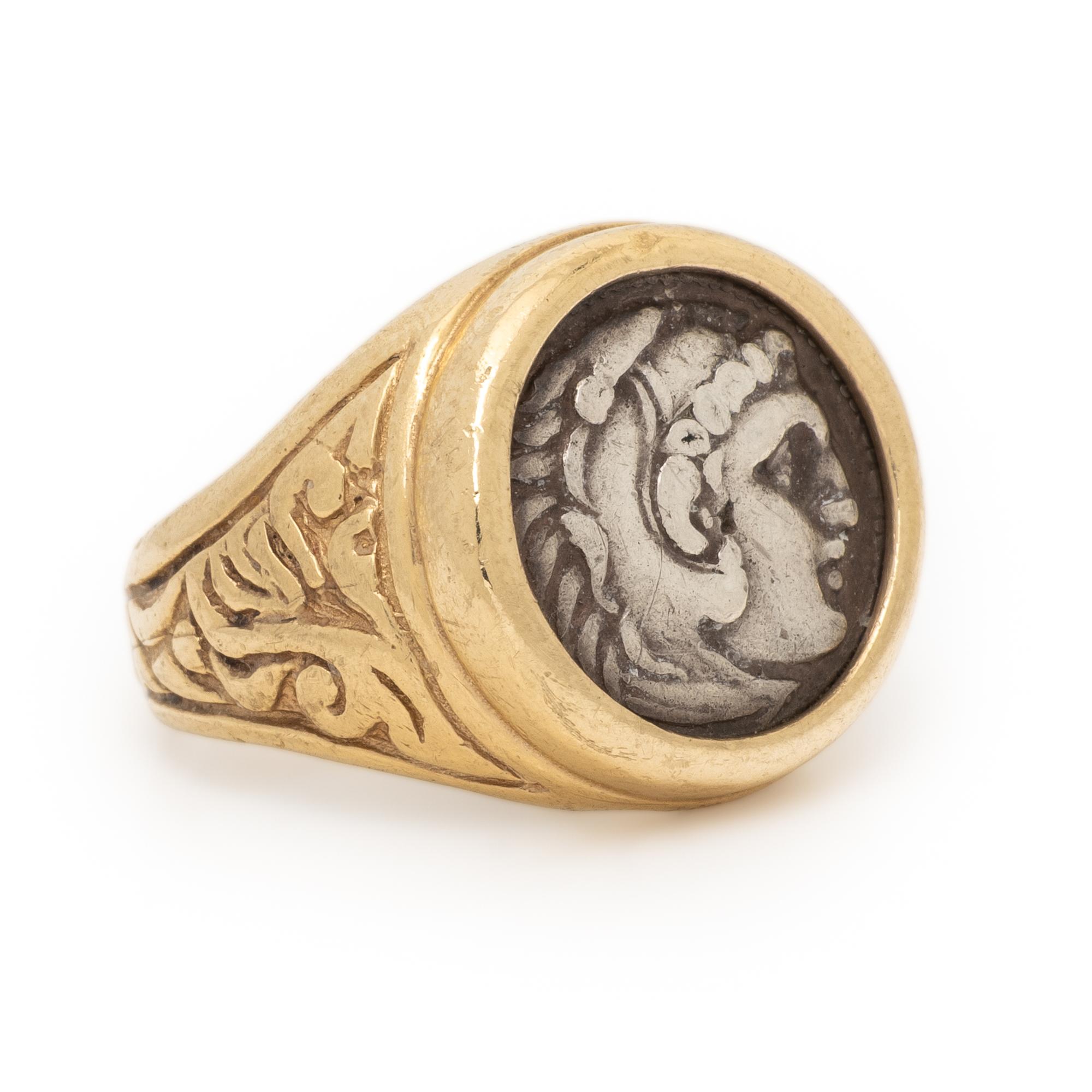 GREEK, SILVER DRACHMA AND YELLOW GOLD RING