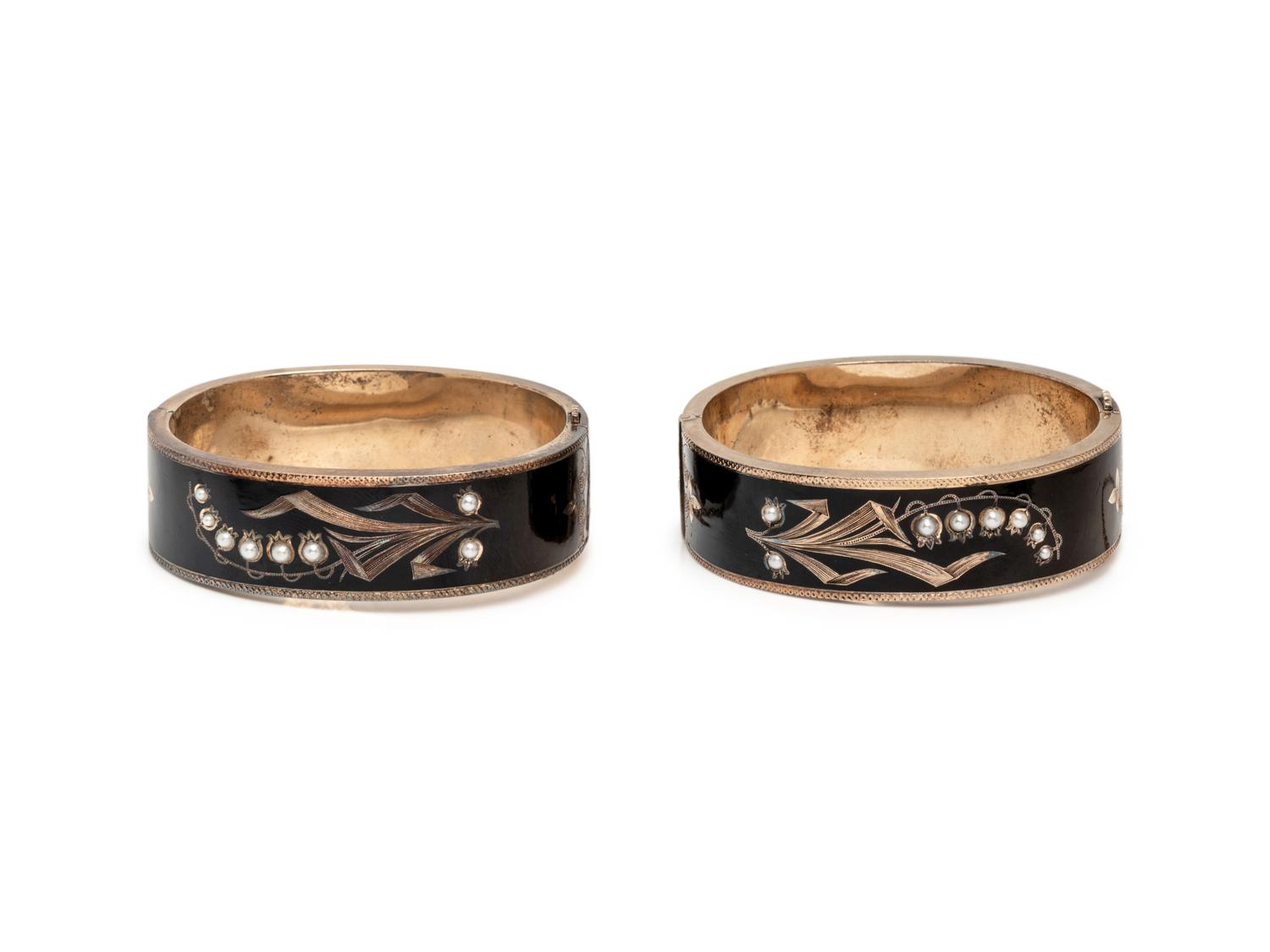 VICTORIAN, PAIR OF ENAMEL, AND SEED PEARL BANGLE BRACELETS