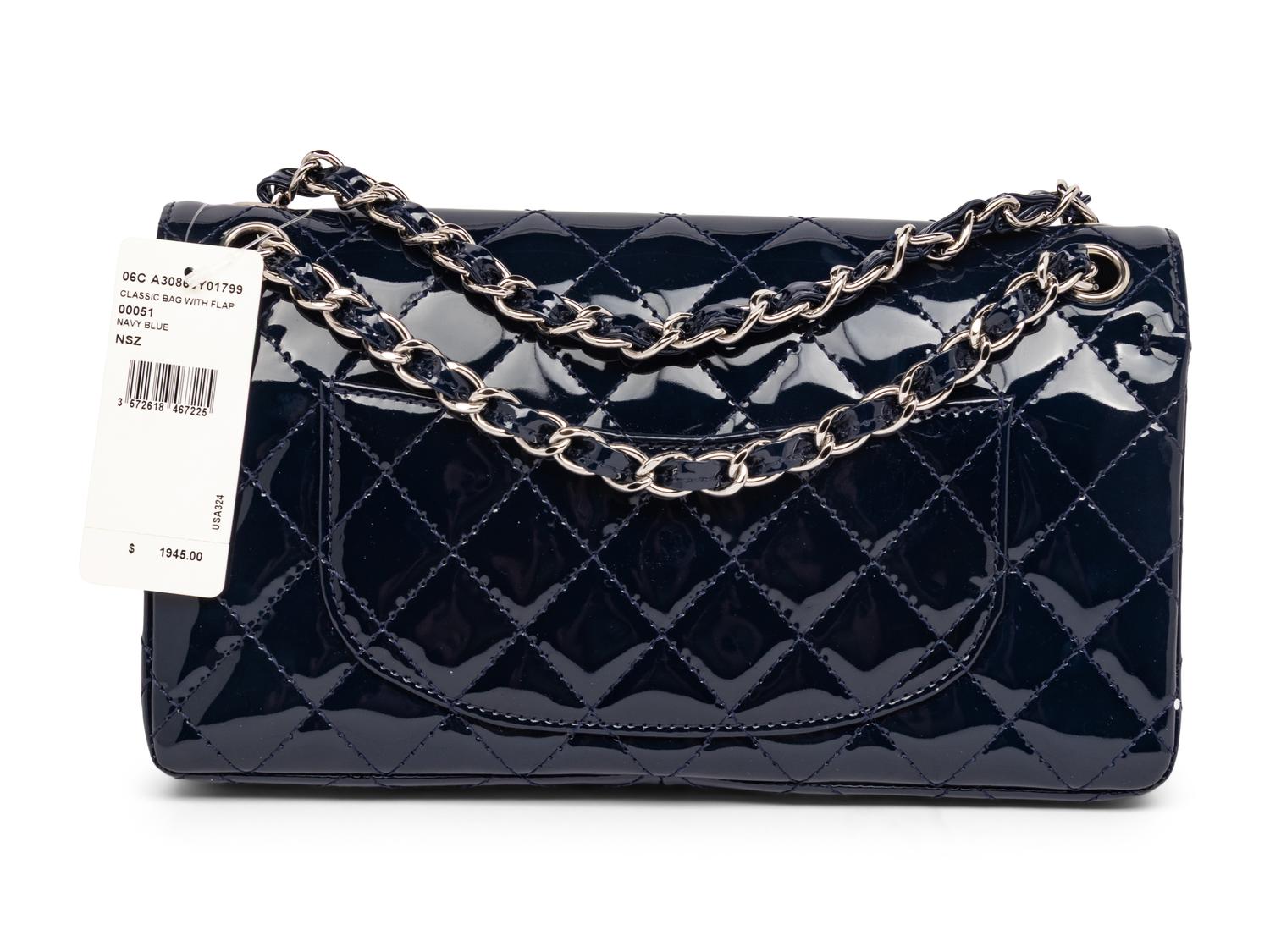 CHANEL, NAVY PATENT DOUBLE FLAP BAG
