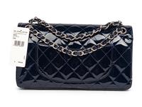 CHANEL, NAVY PATENT DOUBLE FLAP BAG