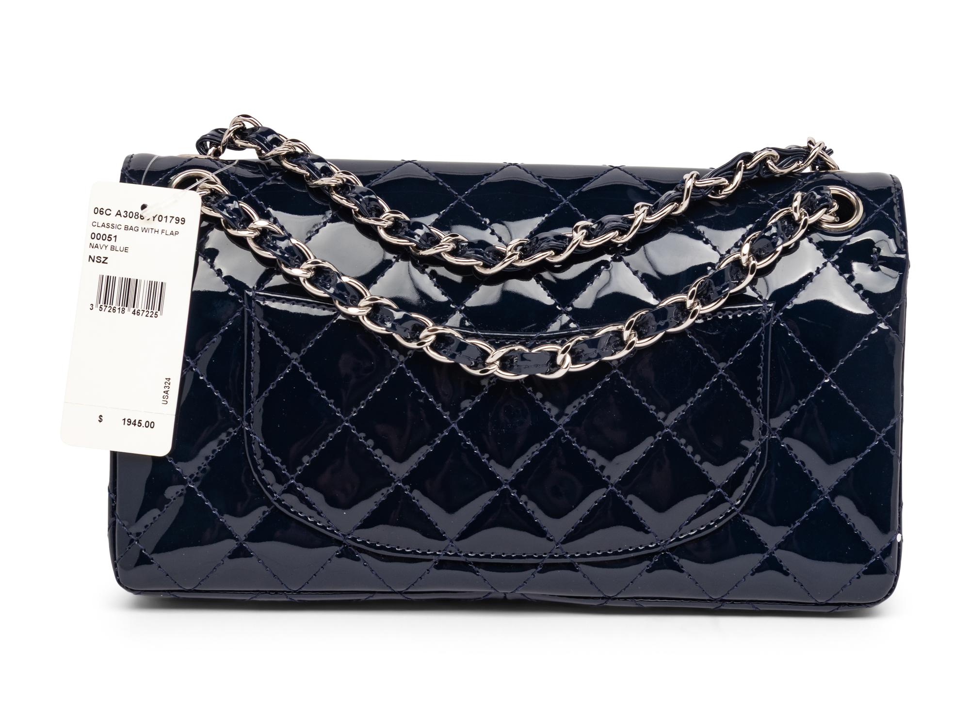 CHANEL, NAVY PATENT DOUBLE FLAP BAG