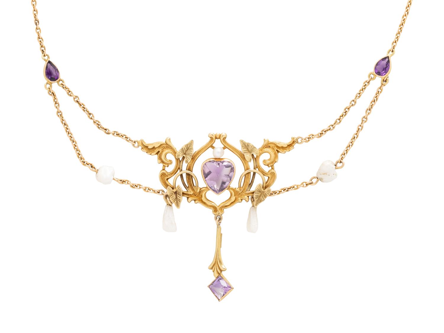 ART NOUVEAU, YELLOW GOLD, AMETHYST AND CULTURED PEARL NECKLACE