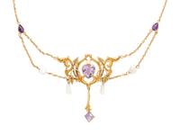 ART NOUVEAU, YELLOW GOLD, AMETHYST AND CULTURED PEARL NECKLACE