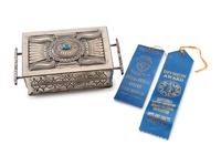 Award Winning Heavily Stamped Sterling Silver Lidded Box, with Repoussé Accents and Turquoise Cabochon