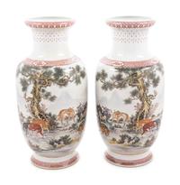 A Pair of Chinese Famille Rose 'Dogs' Porcelain Vases