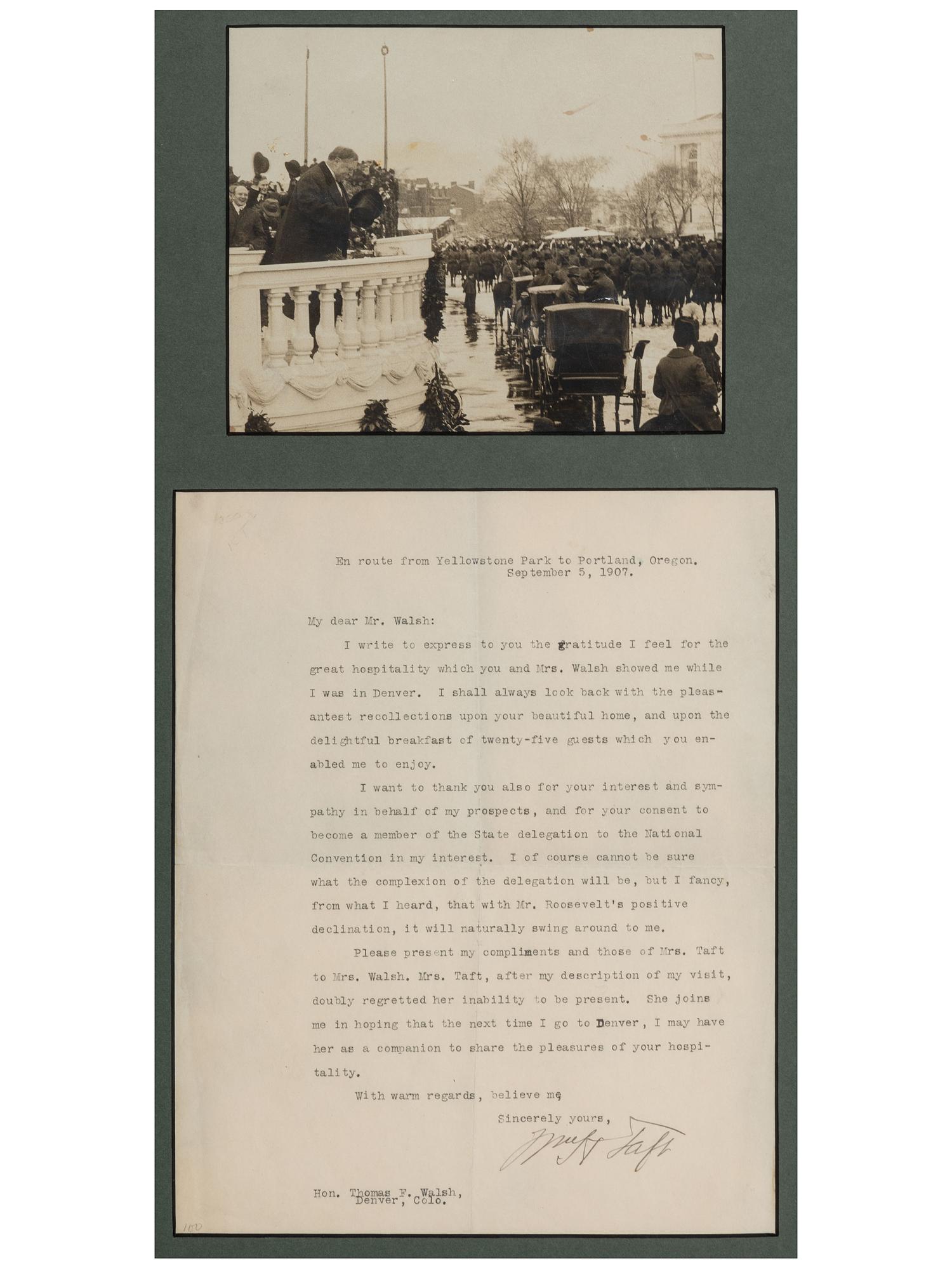 TAFT, William Howard (1857-1930). Typed letter signed, as Secretary of War, to Thomas F. Walsh. En route from Yellowstone Park to Portland, OR, 5 September 1907.