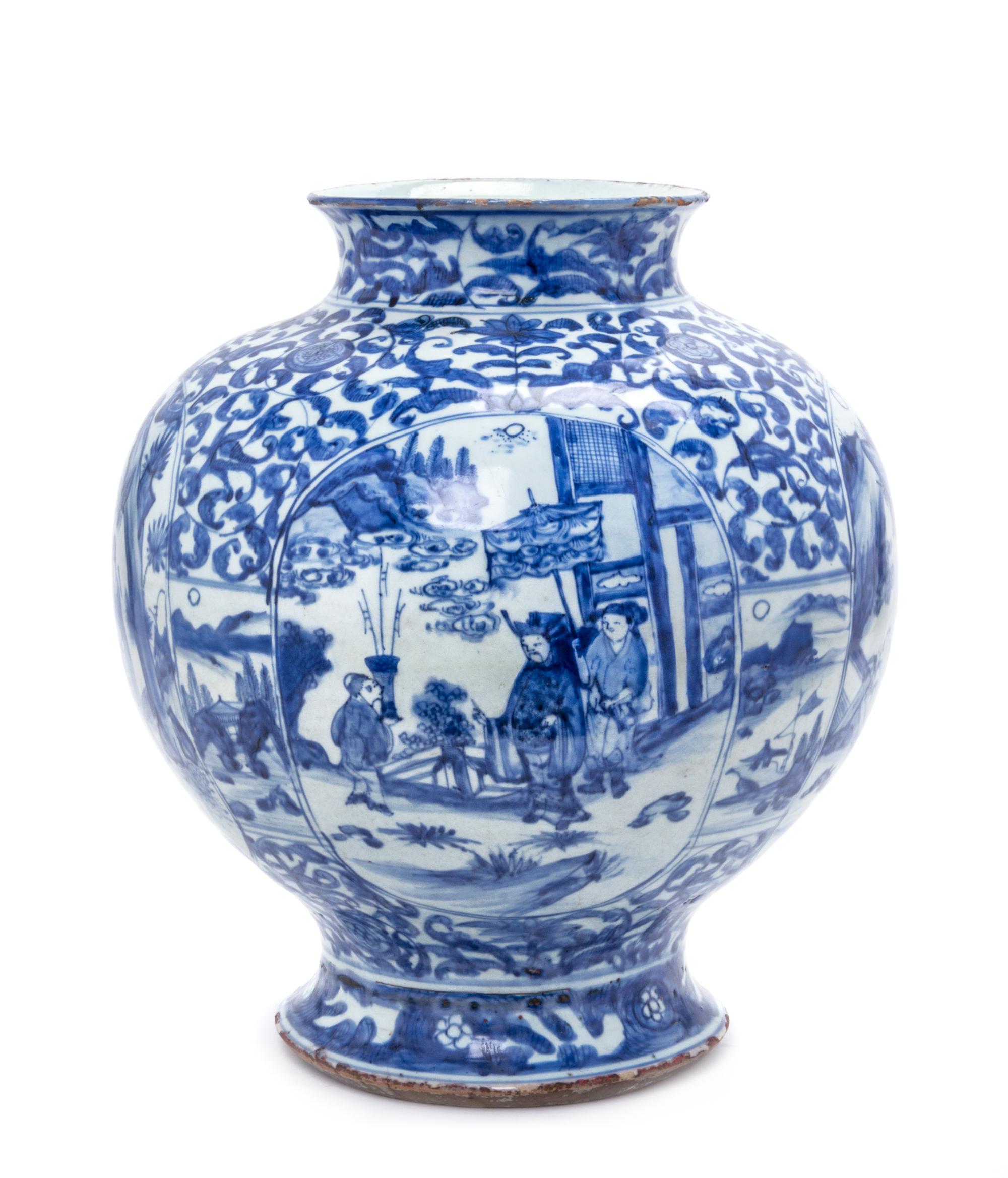 A Rare Chinese Delft-Style Blue and White Porcelain Jar Height 14 1/4 inches. — KANGXI PERIOD (1662-1722), 17TH CENTURY