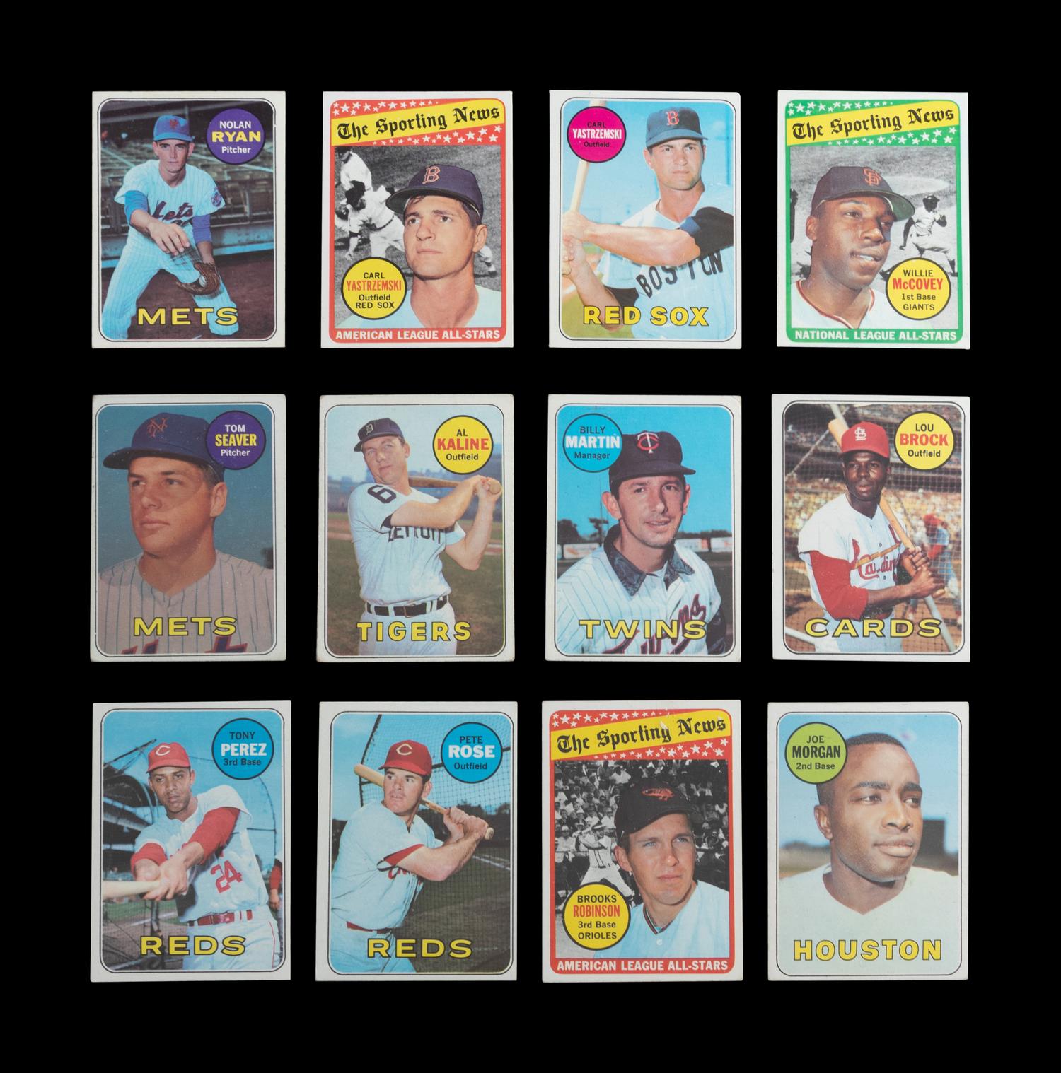 A Group of 12 1969 Topps Baseball Cards Featuring Multiple Hall of Famers and Notables (Including Nolan Ryan and Tom Seaver),