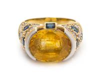 A Yellow Gold, Platinum, Yellow Sapphire, Sapphire and Diamond Ring, 6.00 dwts.
