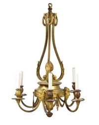 A Neoclassical Gilt Metal Six-Light Chandelier Height 29 1/4 x diameter 20 1/2 inches. — LATE 19TH/EARLY 20TH CENTURY