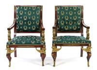 A Pair of Empire Style Gilt Bronze Mounted Mahogany Fauteuils Height 40 1/2 inches. — SECOND HALF 20TH CENTURY