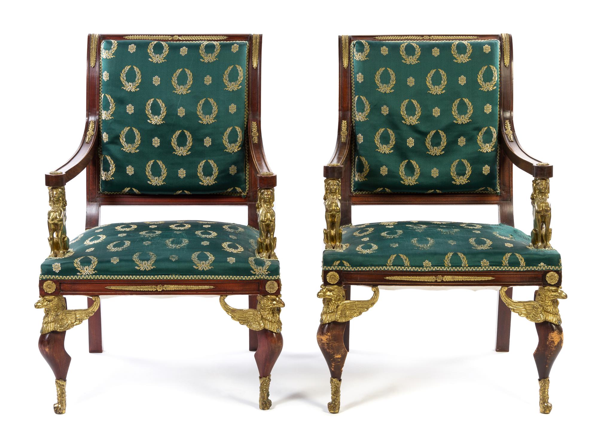 A Pair of Empire Style Gilt Bronze Mounted Mahogany Fauteuils Height 40 1/2 inches. — SECOND HALF 20TH CENTURY
