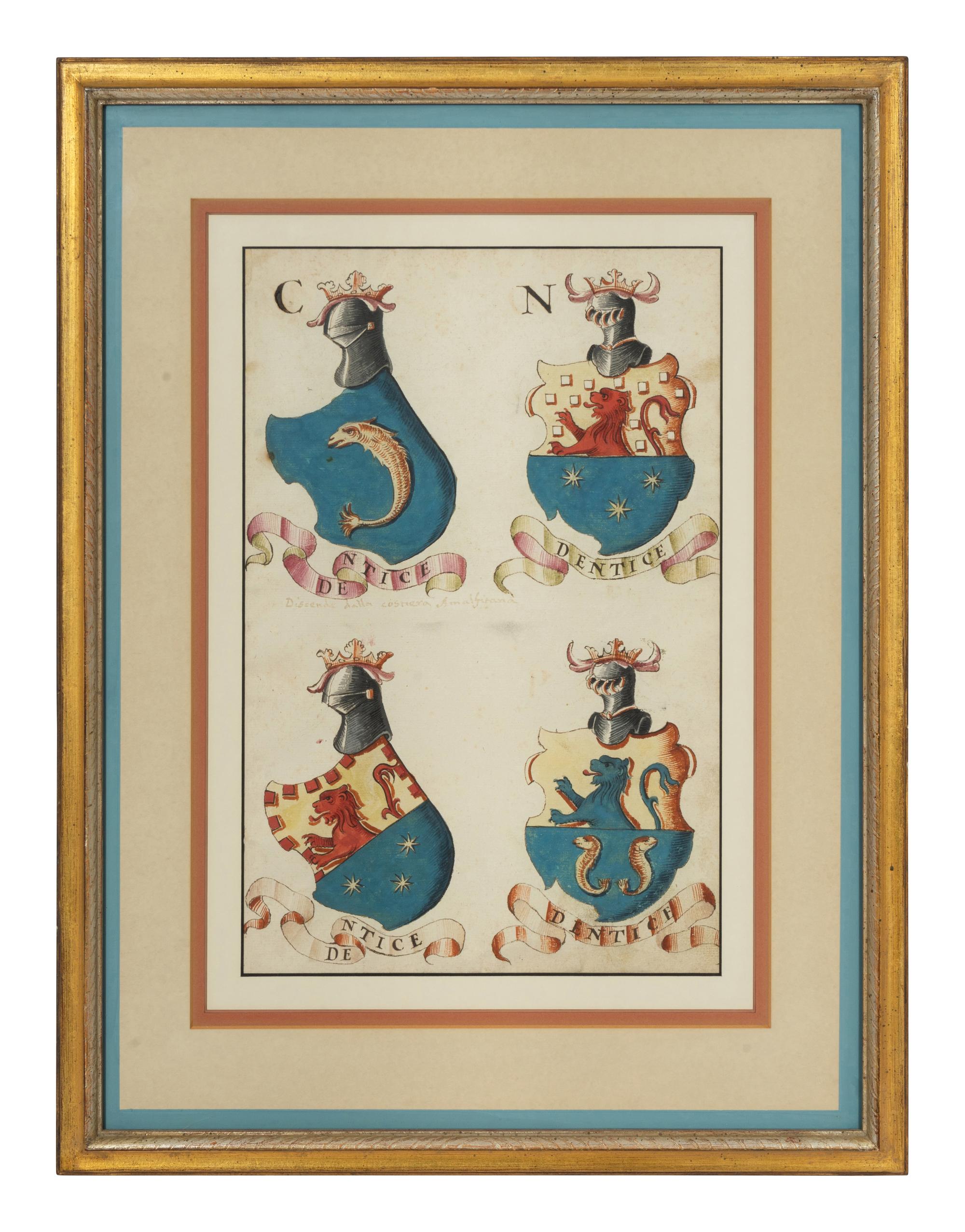 A Set of Italian Watercolor and Gouache Drawings of Coats of Arms