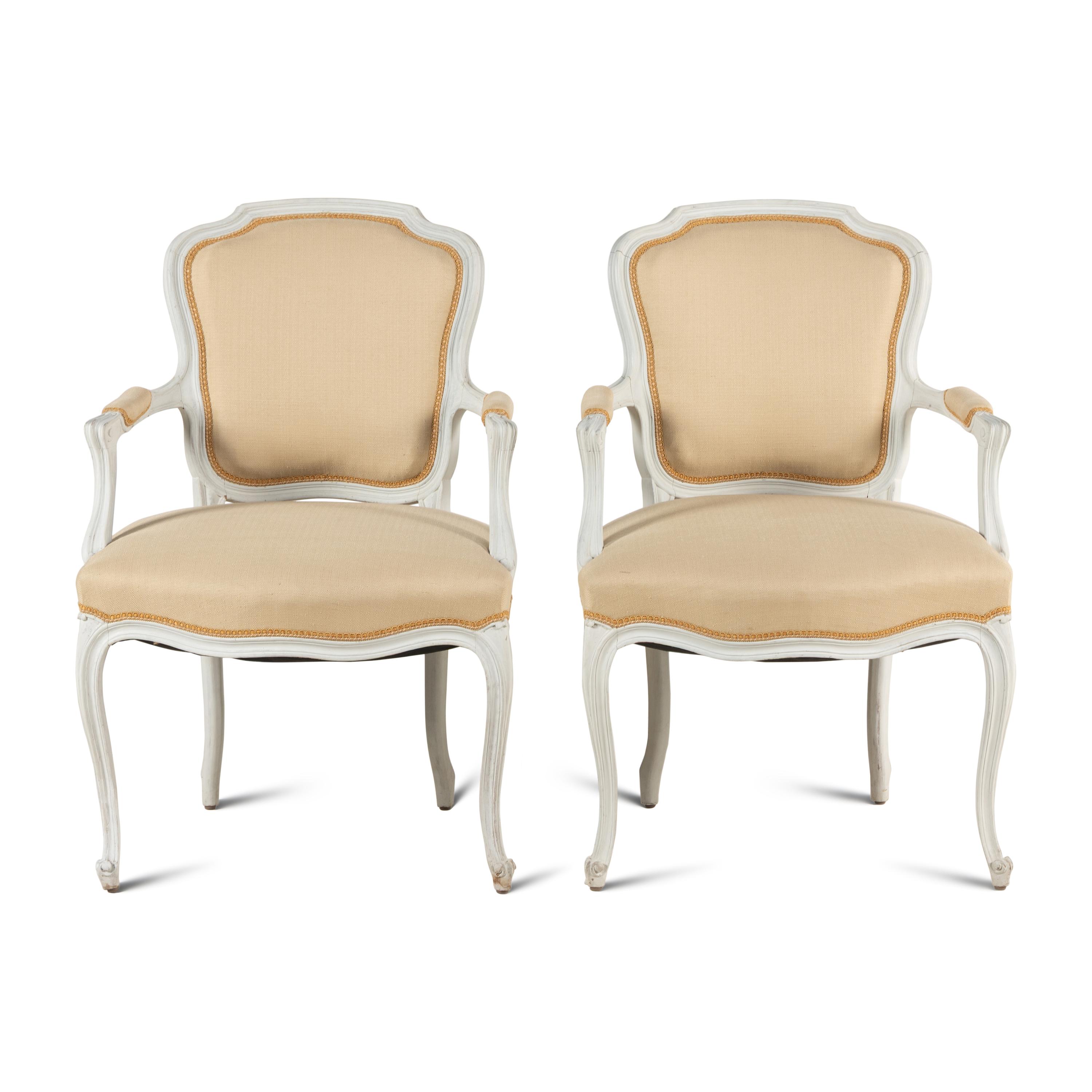 A Pair of Louis XV Style White-Painted Fauteuils