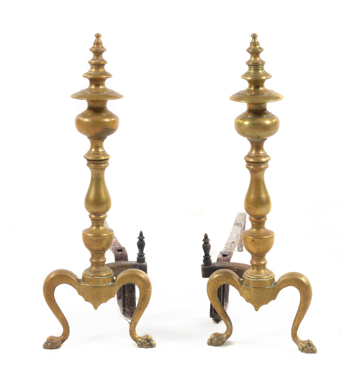 A Pair of American Brass Andirons — 19TH CENTURY