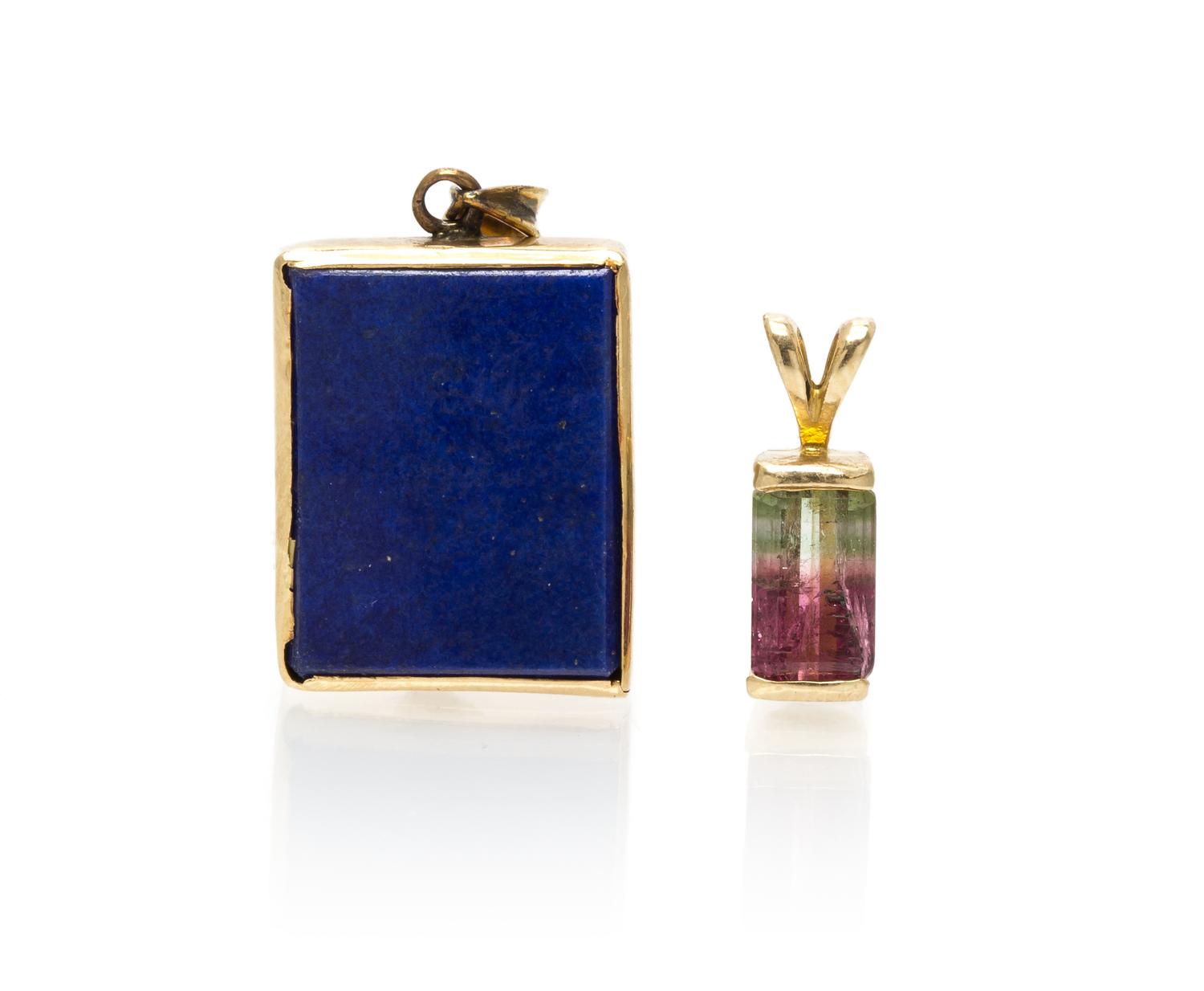 A Collection of 14 Karat Yellow Gold, Lapis Lazuli and Watermelon Tourmaline Pendants, 3.70 dwts.
