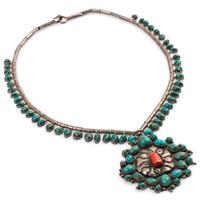 Navajo Silver Necklace, with Large Pendant and Turquoise Cabochons