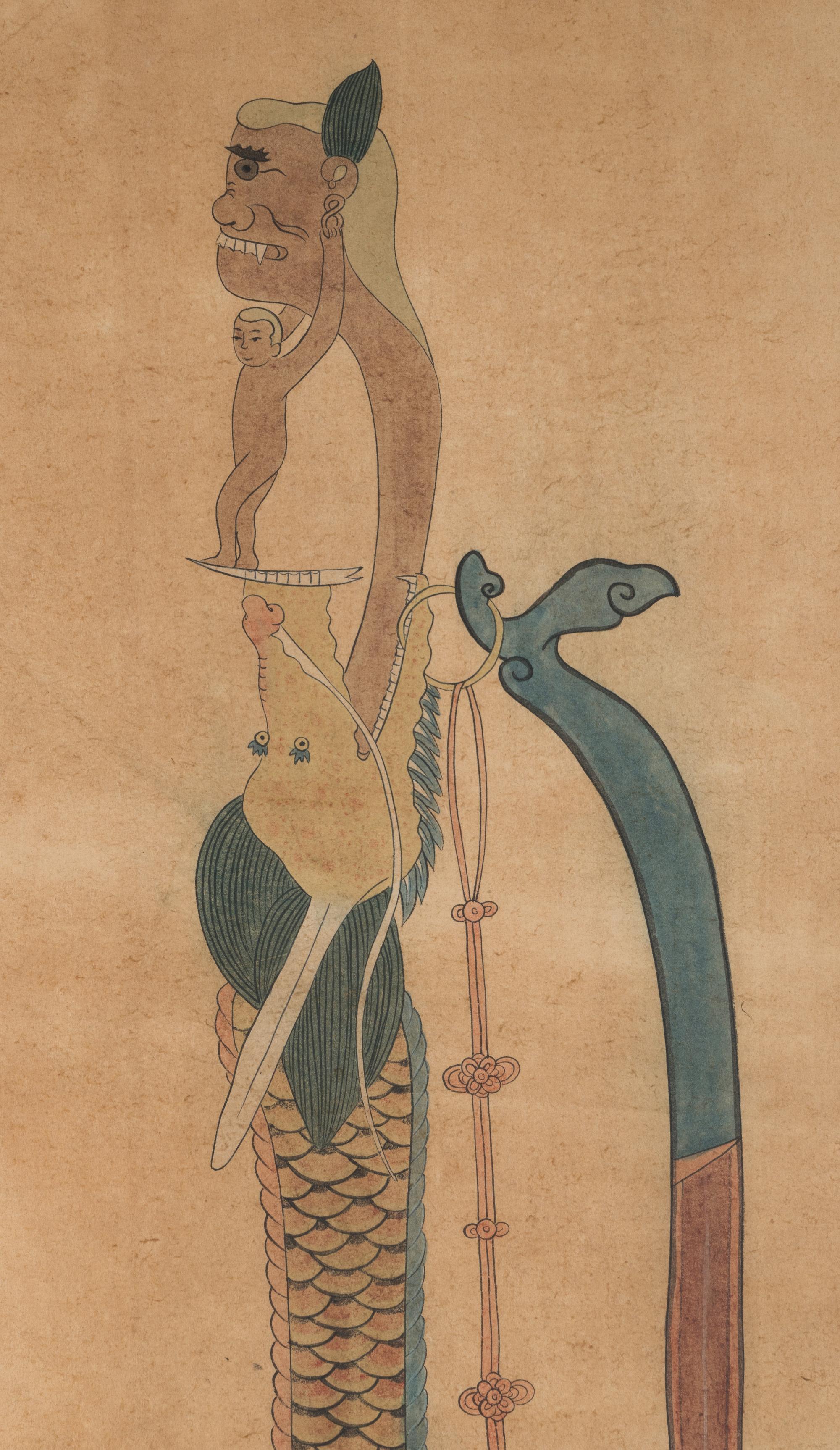 A Pair of Korean Paintings Depicting Gifts from the Ming Emperor, Joseon Period, 19th Century 十九世紀 朝鮮王朝《八赐品》之《思刀》、《鬼刀》