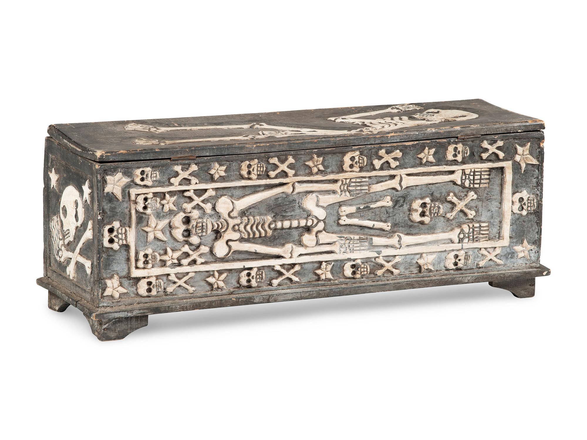 A Folk Art Carved and Painted Skeleton and Bone Decorated Blanket Chest