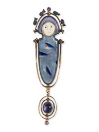 Aleutian-style 18K Gold Mixed Media Figural Pendant / Pin, with Fish