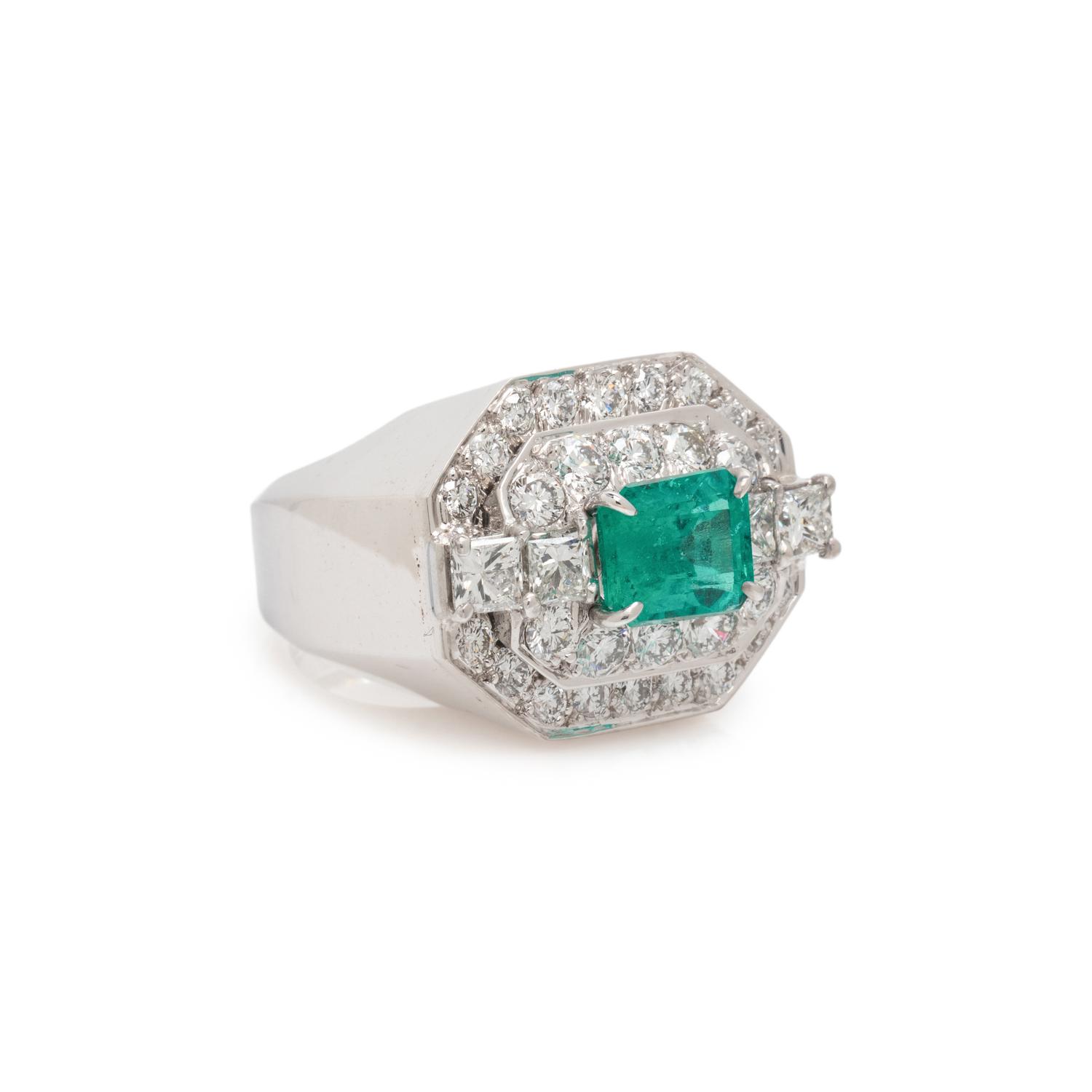DAVID WEBB, WHITE GOLD, PLATINUM, EMERALD, AND DIAMOND RING