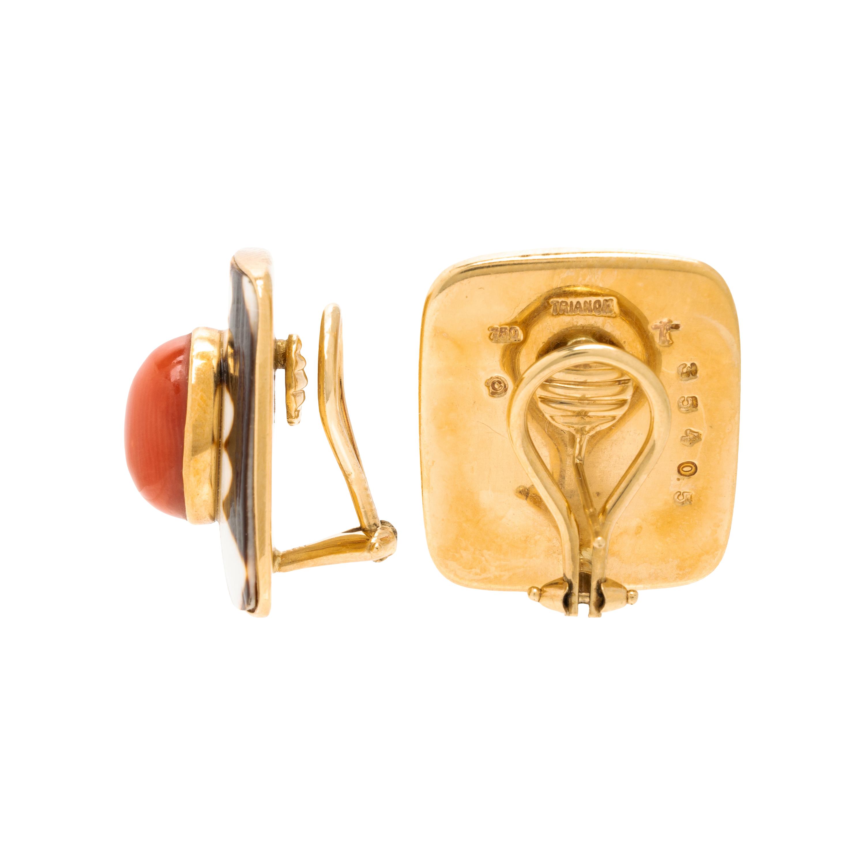 Trianon, 'Marble Cone', Coral, Shell, and Yellow Gold Earrings