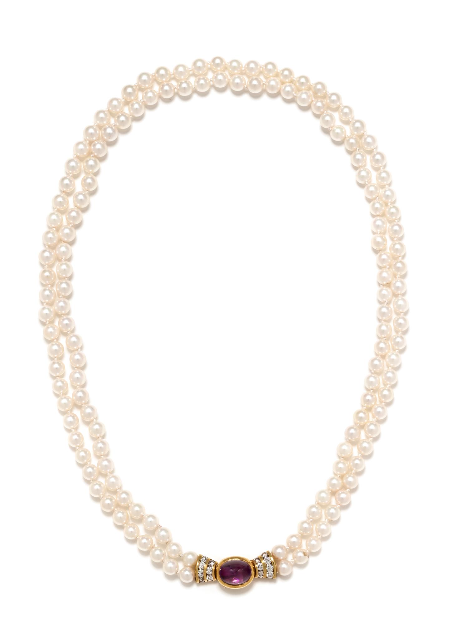 CULTURED PEARL, AMETHYST AND DIAMOND NECKLACE
