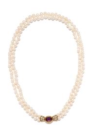 CULTURED PEARL, AMETHYST AND DIAMOND NECKLACE