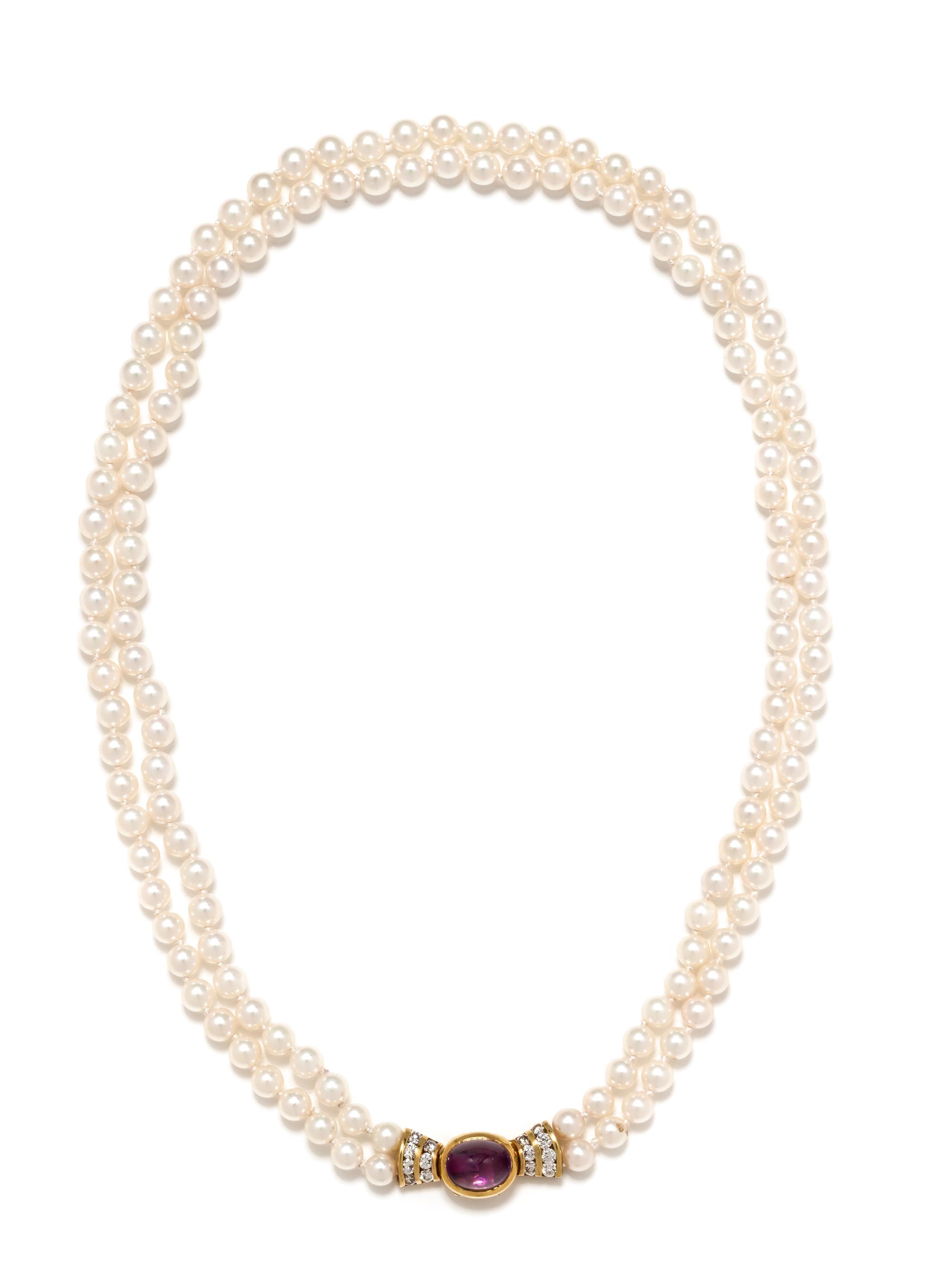 CULTURED PEARL, AMETHYST AND DIAMOND NECKLACE