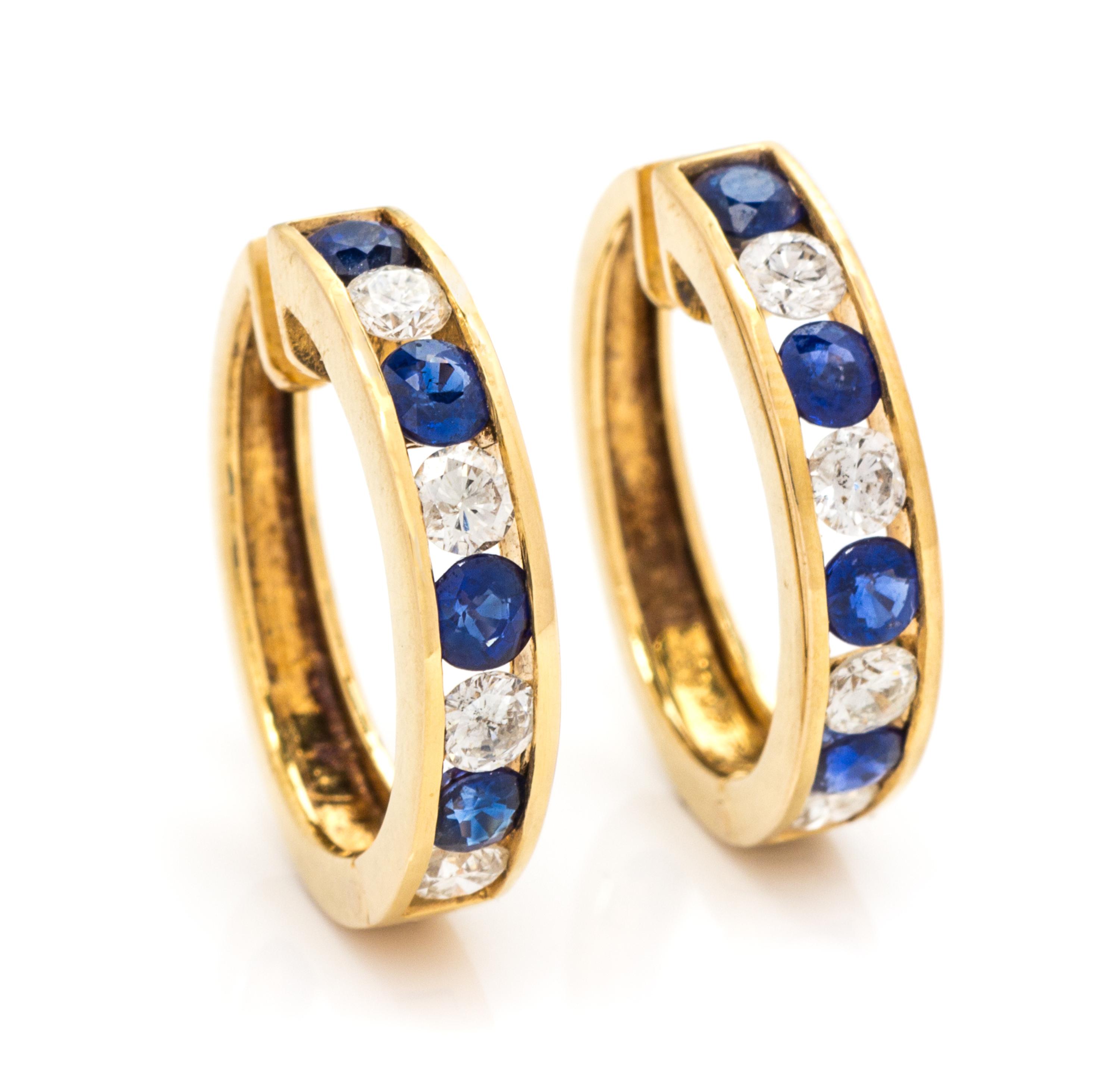 A Pair of 14 Karat Yellow Gold, Sapphire, and Diamond Hoop Earrings, 3.20 dwts