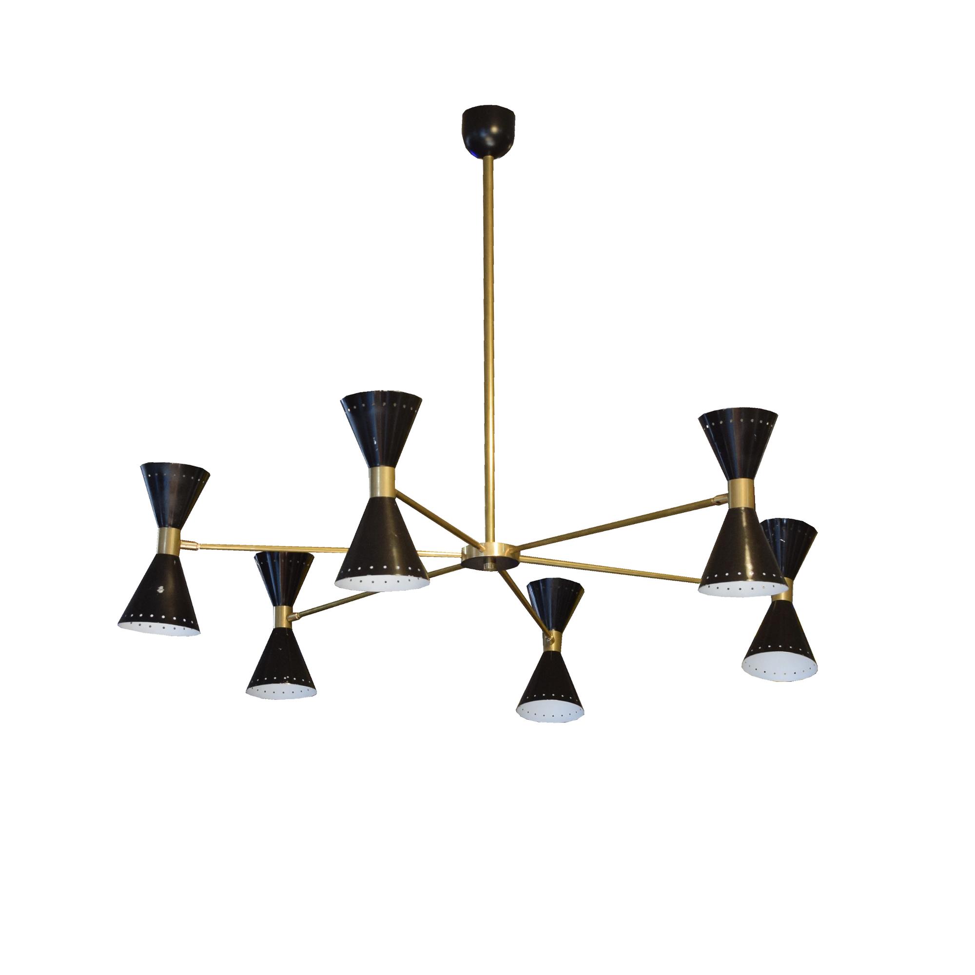 A Brass and Enamel Six-Arm Chandelier in the Style of Stilnovo 48" W x 48" D x 39.5" H — Italy, 20th Century