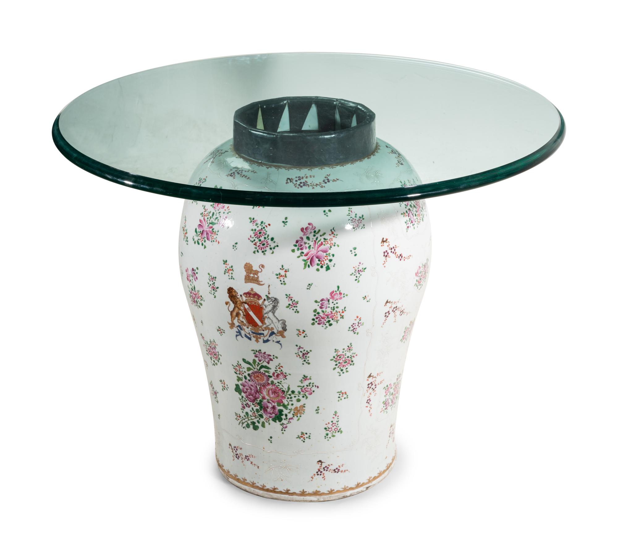 A Large Samson Porcelain Vase Converted to a Glass-Top Table