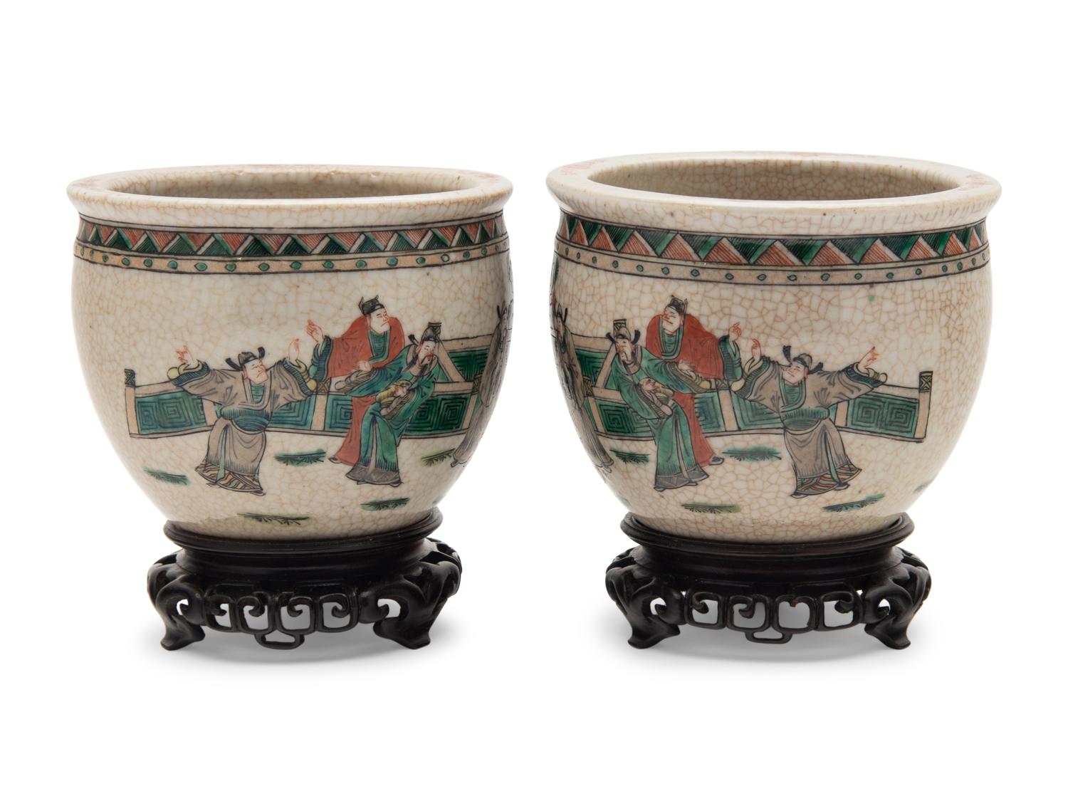 A Pair of Small Chinese Crackle Glazed Sancai Porcelain Fish Bowls and A Famille Rose Porcelain Planter