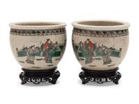 A Pair of Small Chinese Crackle Glazed Sancai Porcelain Fish Bowls and A Famille Rose Porcelain Planter