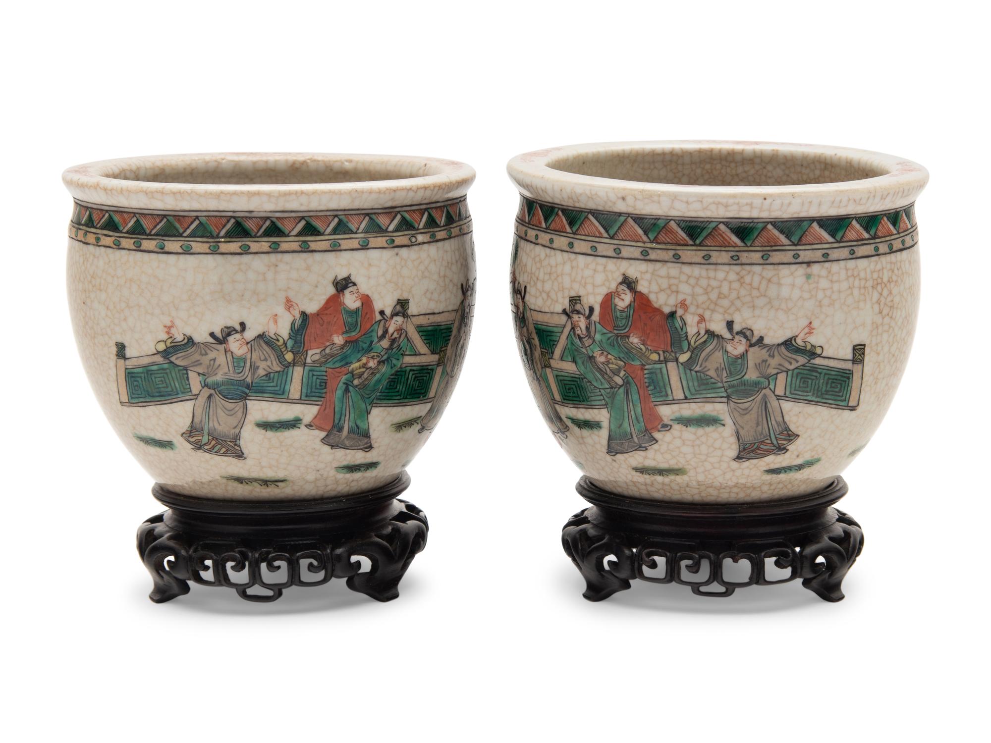 A Pair of Small Chinese Crackle Glazed Sancai Porcelain Fish Bowls and A Famille Rose Porcelain Planter