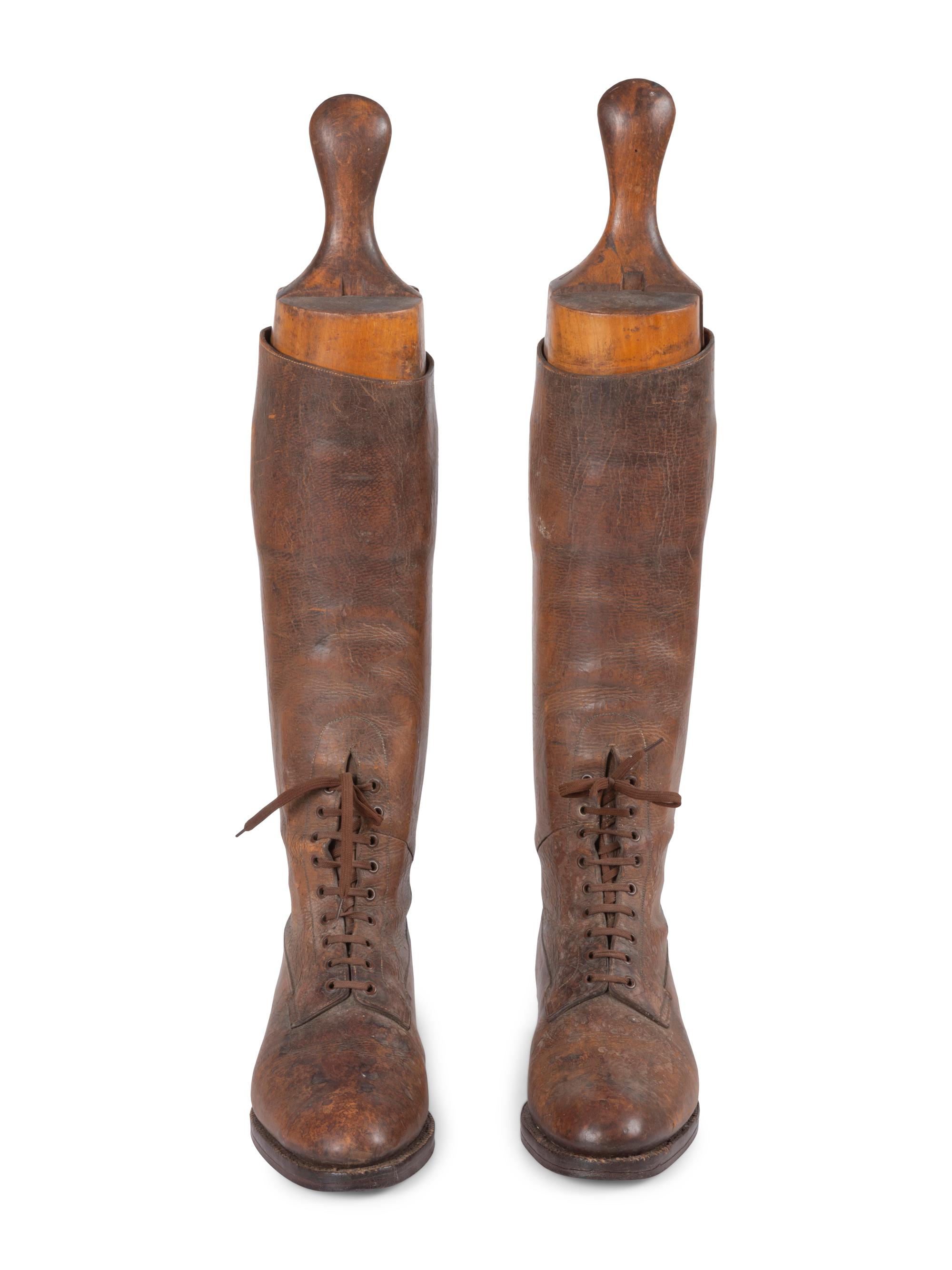 A Pair of Leather Lace Up Pull-On Men's Boots with Wood Boot Stretchers