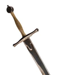 A Steuben Glass, Sterling Silver and 18 Karat Gold Excalibur Sculpture