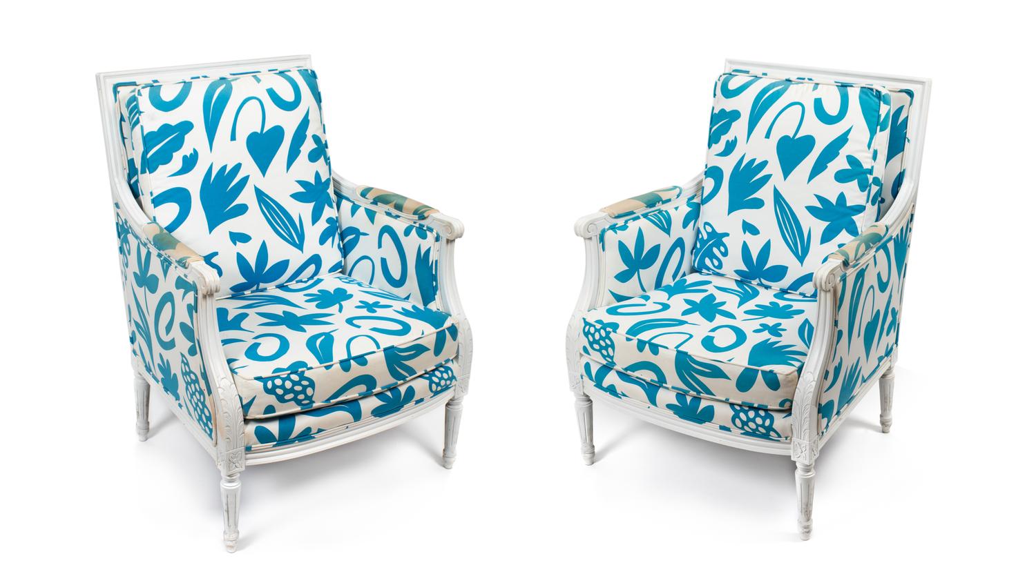 Three Louis XVI Style White Painted Bergeres — 20TH CENTURY
